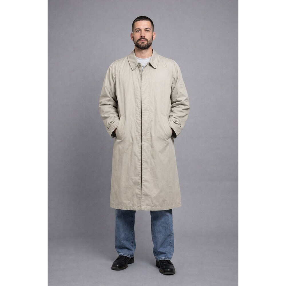 Vintage London Fog Trench Coat Mens 40 XL Long Beige Classic Minimal Overcoat